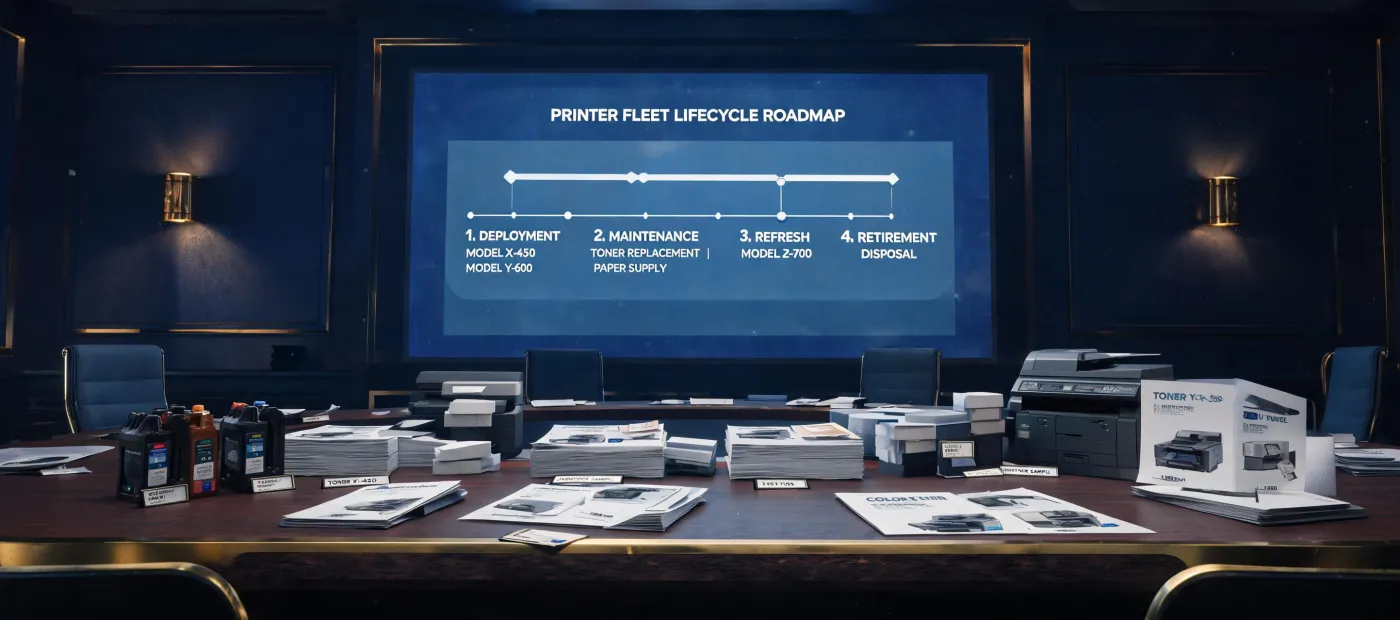 Technical procurement team reviewing printer lifecycle roadmap