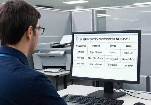Corporate service desk reviewing printer incidents