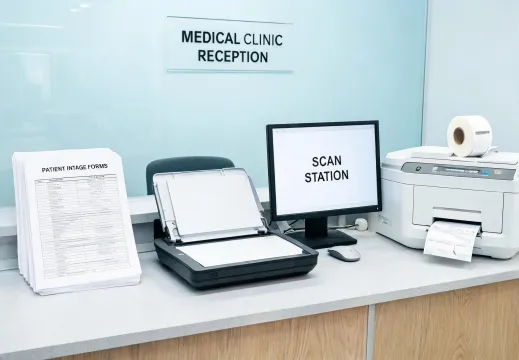 Healthcare clinic reception printer workflow