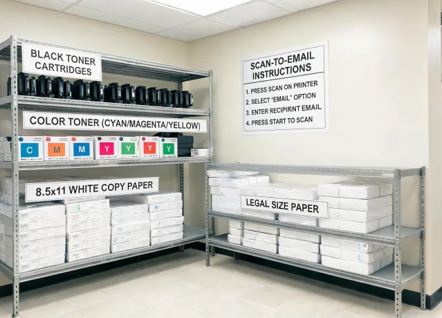 Campus printer supply room with labeled toner shelves
