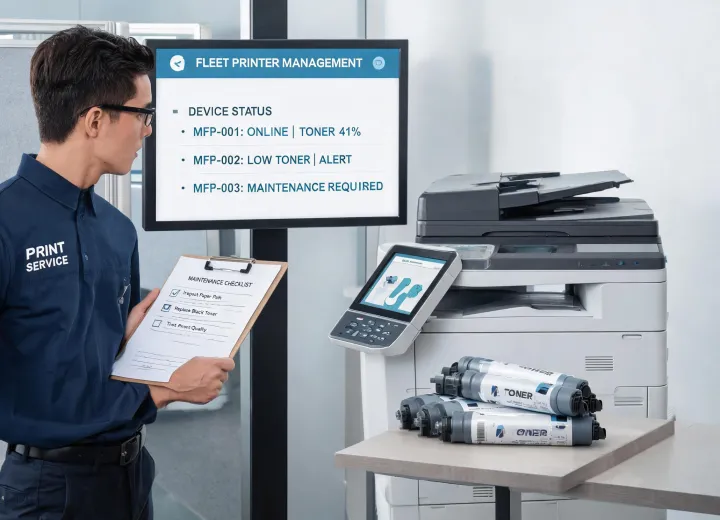 Printer service technician reviewing fleet dashboard