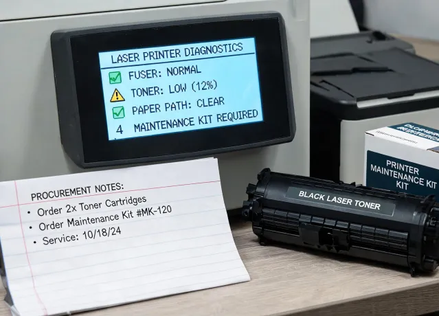 Office printer repair checklist and diagnostic screen
